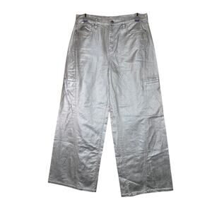 DKNY Silver Coated Wide Leg Jeans Women Size 31 High Rise Y2K, Street Style